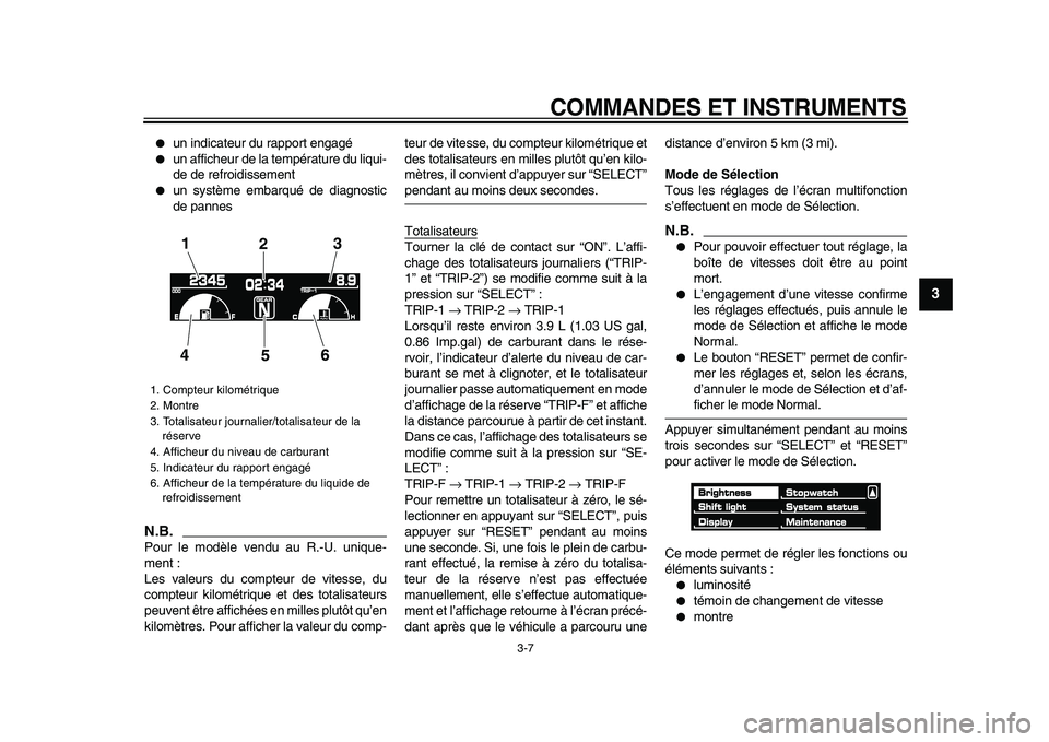 YAMAHA VMAX 2009  Notices Demploi (in French)  
COMMANDES ET INSTRUMENTS 
3-7 
2
34
5
6
7
8
9
 
 
un indicateur du rapport engagé 
 
un afficheur de la température du liqui-
de de refroidissement 
 
un système embarqué de diagnostic
de pan
