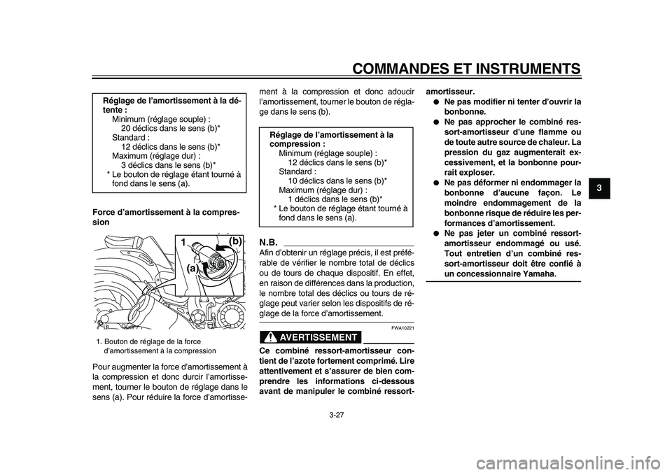 YAMAHA VMAX 2009  Notices Demploi (in French)  
COMMANDES ET INSTRUMENTS 
3-27 
2
34
5
6
7
8
9
 
Force d’amortissement à la compres-
sion 
Pour augmenter la force d’amortissement à
la compression et donc durcir l’amortisse-
ment, tourner 