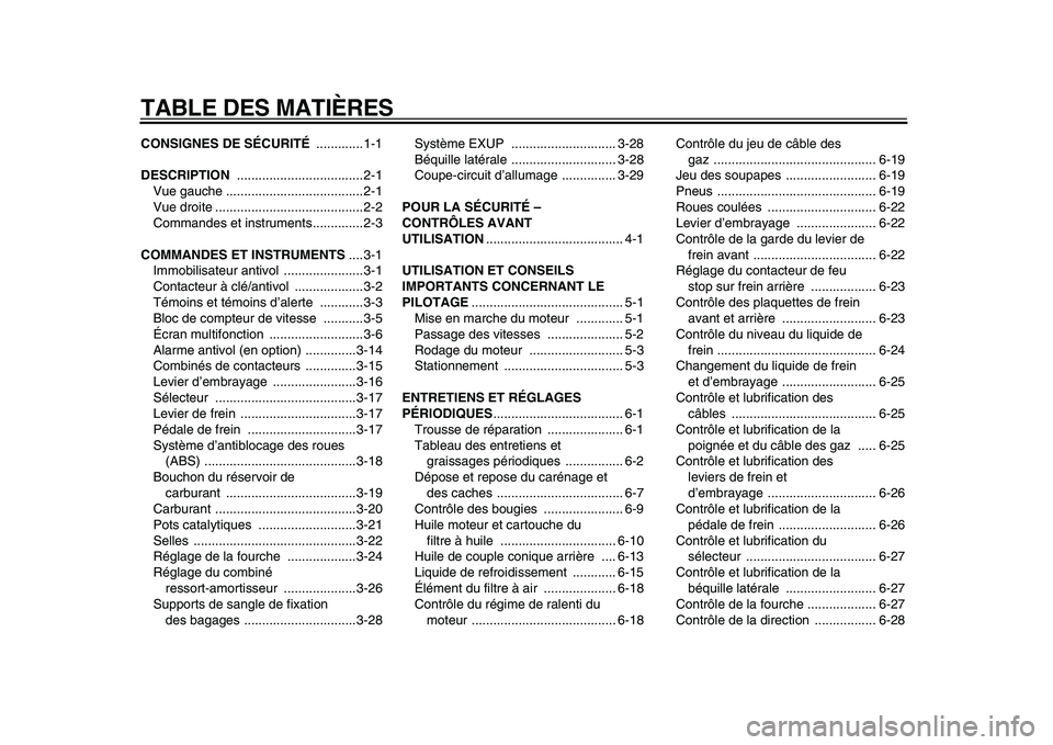 YAMAHA VMAX 2009  Notices Demploi (in French)  
TABLE DES MATIÈRES 
CONSIGNES DE SÉCURITÉ 
 .............1-1 
DESCRIPTION 
 ...................................2-1
Vue gauche ......................................2-1
Vue droite ................