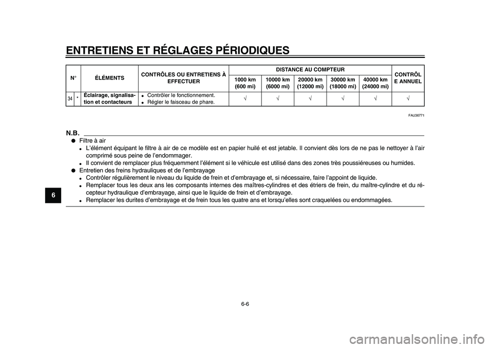 YAMAHA VMAX 2009  Notices Demploi (in French)  
ENTRETIENS ET RÉGLAGES PÉRIODIQUES 
6-6 
1
2
3
4
5
6
7
8
9
 
FAU36771
N.B.
 
 
Filtre à air 
 
L’élément équipant le filtre à air de ce modèle est en papier huilé et est jetable. Il con