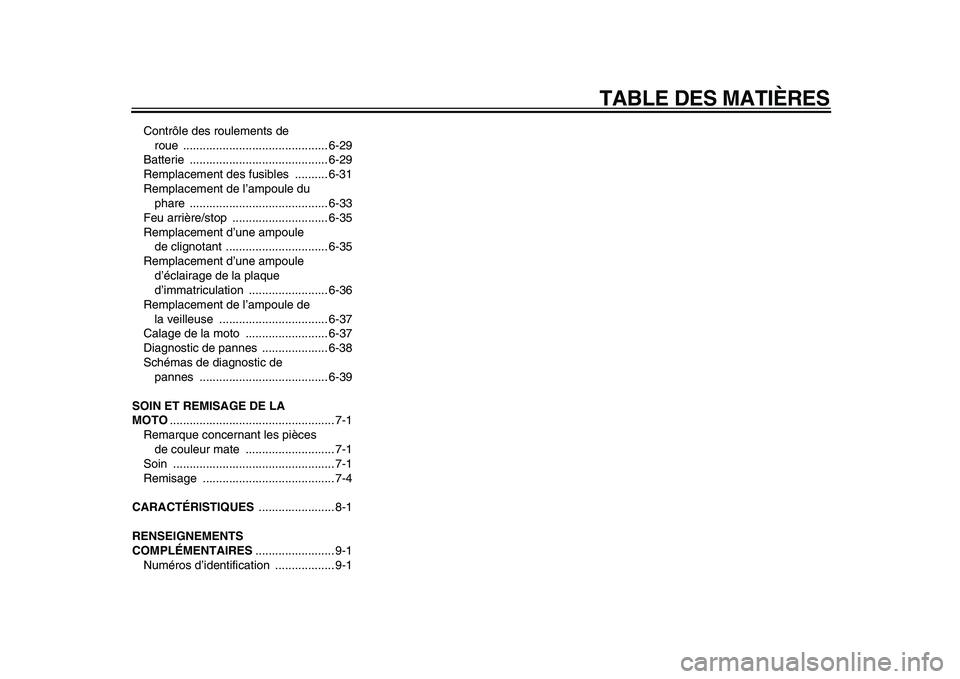 YAMAHA VMAX 2009  Notices Demploi (in French)  
TABLE DES MATIÈRES 
Contrôle des roulements de 
roue ............................................ 6-29
Batterie .......................................... 6-29
Remplacement des fusibles  .........