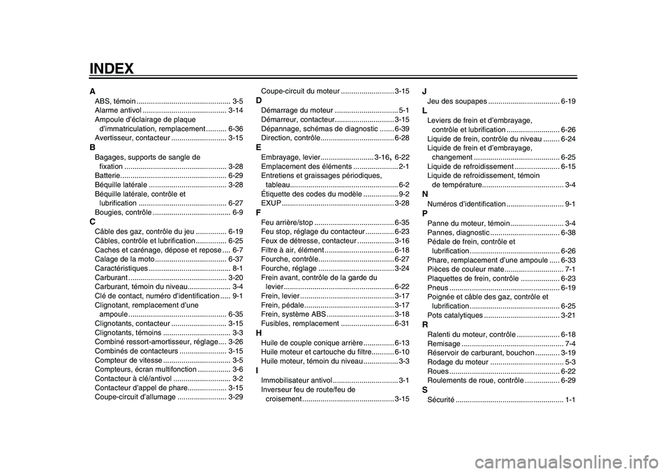 YAMAHA VMAX 2009  Notices Demploi (in French)  
INDEX 
A 
ABS, témoin .............................................. 3-5
Alarme antivol ......................................... 3-14
Ampoule d’éclairage de plaque 
d’immatriculation, remplac