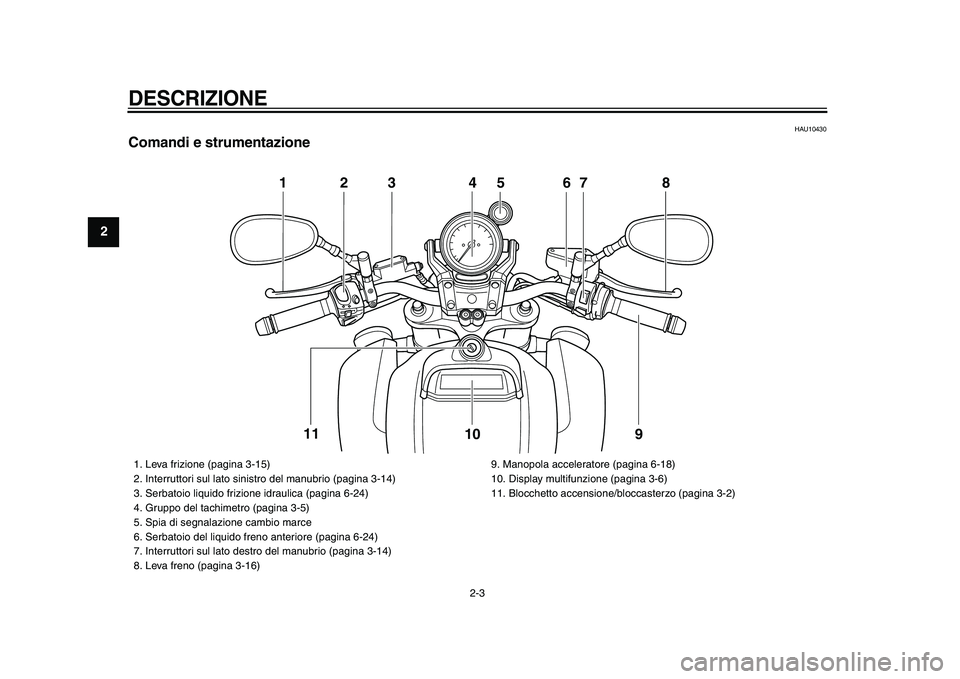 YAMAHA VMAX 2009  Manuale duso (in Italian)  
DESCRIZIONE
 
2-3 
1
2
3
4
5
6
7
8
9
 
HAU10430 
Comandi e strumentazione
123 4 67 8
9 10 11
5
 
1.  Leva frizione (pagina 3-15)
2.  Interruttori sul lato sinistro del manubrio (pagina 3-14)
3.  Ser