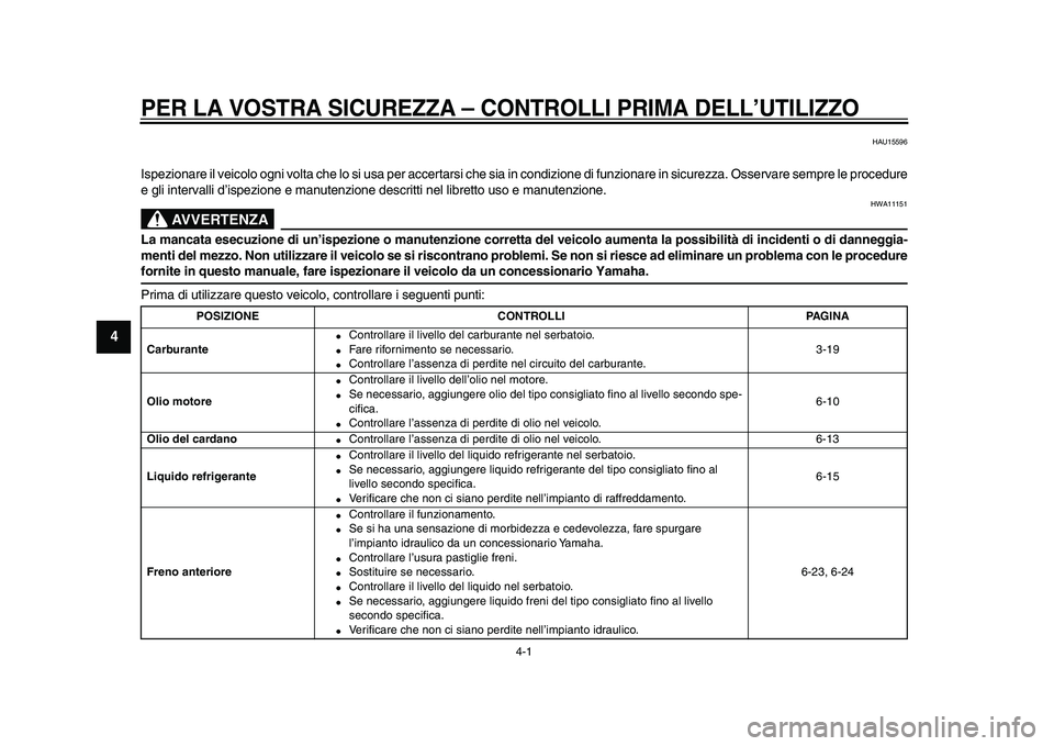 YAMAHA VMAX 2009  Manuale duso (in Italian)  
4-1 
1
2
3
4
5
6
7
8
9
 
PER LA VOSTRA SICUREZZA 
– CONTROLLI PRIMA DELL’UTILIZZO
 
HAU15596 
Ispezionare il veicolo ogni volta che lo si usa per accertarsi che sia in condizione di funzionare i