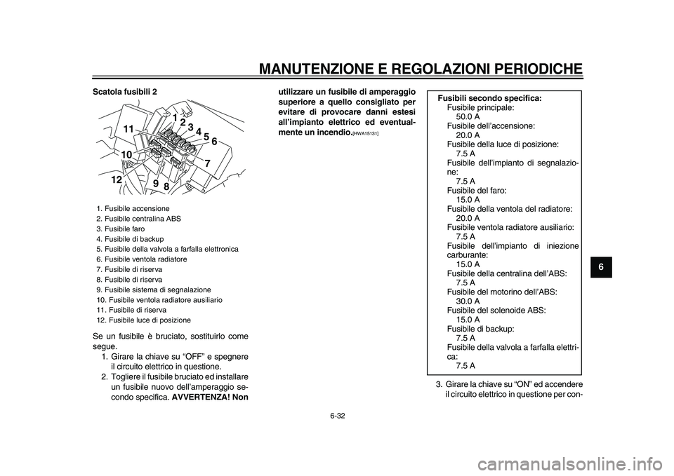 YAMAHA VMAX 2009  Manuale duso (in Italian)  
MANUTENZIONE E REGOLAZIONI PERIODICHE
 
6-32 
2
3
4
5
67
8
9
 
Scatola fusibili 2 
Se un fusibile è bruciato, sostituirlo come
segue.
1. Girare la chiave su “OFF” e spegnere
il circuito elettri