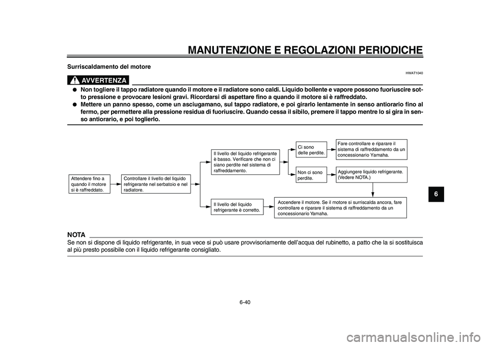 YAMAHA VMAX 2009  Manuale duso (in Italian)  
MANUTENZIONE E REGOLAZIONI PERIODICHE
 
6-40 
2
3
4
5
67
8
9
 
Surriscaldamento del motore
AVVERTENZA
 
HWAT1040 
 
Non togliere il tappo radiatore quando il motore e il radiatore sono caldi. Liqui