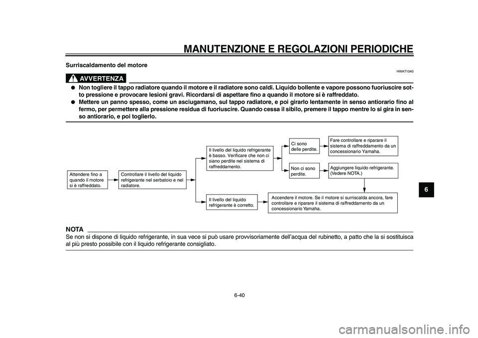 YAMAHA VMAX 2009  Manuale duso (in Italian)  
MANUTENZIONE E REGOLAZIONI PERIODICHE
 
6-40 
2
3
4
5
67
8
9
 
Surriscaldamento del motore
AVVERTENZA
 
HWAT1040 
 
Non togliere il tappo radiatore quando il motore e il radiatore sono caldi. Liqui