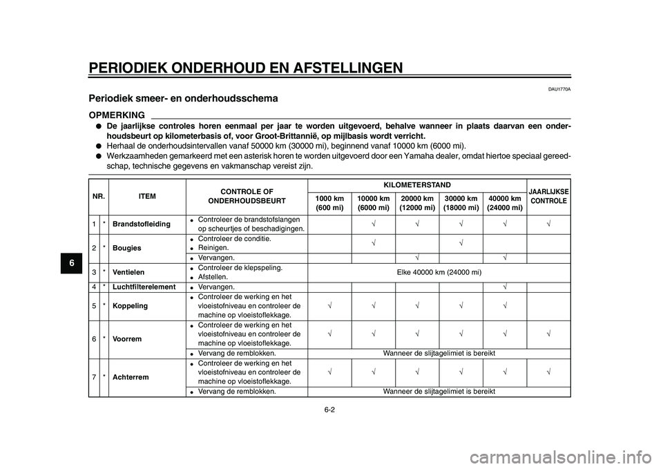YAMAHA VMAX 2009  Instructieboekje (in Dutch)  
PERIODIEK ONDERHOUD EN AFSTELLINGEN 
6-2 
1
2
3
4
5
6
7
8
9
 
DAU1770A 
Periodiek smeer- en onderhoudsschema 
OPMERKING
 
 
De jaarlijkse controles horen eenmaal per jaar te worden uitgevoerd, beha