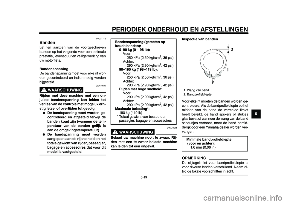YAMAHA VMAX 2009 Instructieboekje (in Dutch)
PERIODIEK ONDERHOUD EN AFSTELLINGEN
6-19
2
3
4
5
67
8
9
DAU21772
Banden
Let ten aanzien van de voorgeschreven
banden op het volgende voor een optimale
prestatie, levensduur en veilige werking YAMAHA VMAX 2009 Instructieboekje (in Dutch)
PERIODIEK ONDERHOUD EN AFSTELLINGEN
6-19
2
3
4
5
67
8
9
DAU21772
Banden
Let ten aanzien van de voorgeschreven
banden op het volgende voor een optimale
prestatie, levensduur en veilige werking
