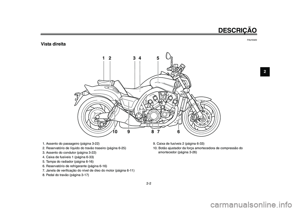 YAMAHA VMAX 2009 Manual de utilização (in Portuguese)
DESCRIÇÃO
2-2
2
3
4
5
6
7
8
9
PAU10420
Vista direita
12 3 5
6 94
8
10
7
1. Assento do passageiro (página 3-22)
2. Reservatório de líquido do travão traseiro (página 6-25)
3. Assento YAMAHA VMAX 2009 Manual de utilização (in Portuguese)
DESCRIÇÃO
2-2
2
3
4
5
6
7
8
9
PAU10420
Vista direita
12 3 5
6 94
8
10
7
1. Assento do passageiro (página 3-22)
2. Reservatório de líquido do travão traseiro (página 6-25)
3. Assento