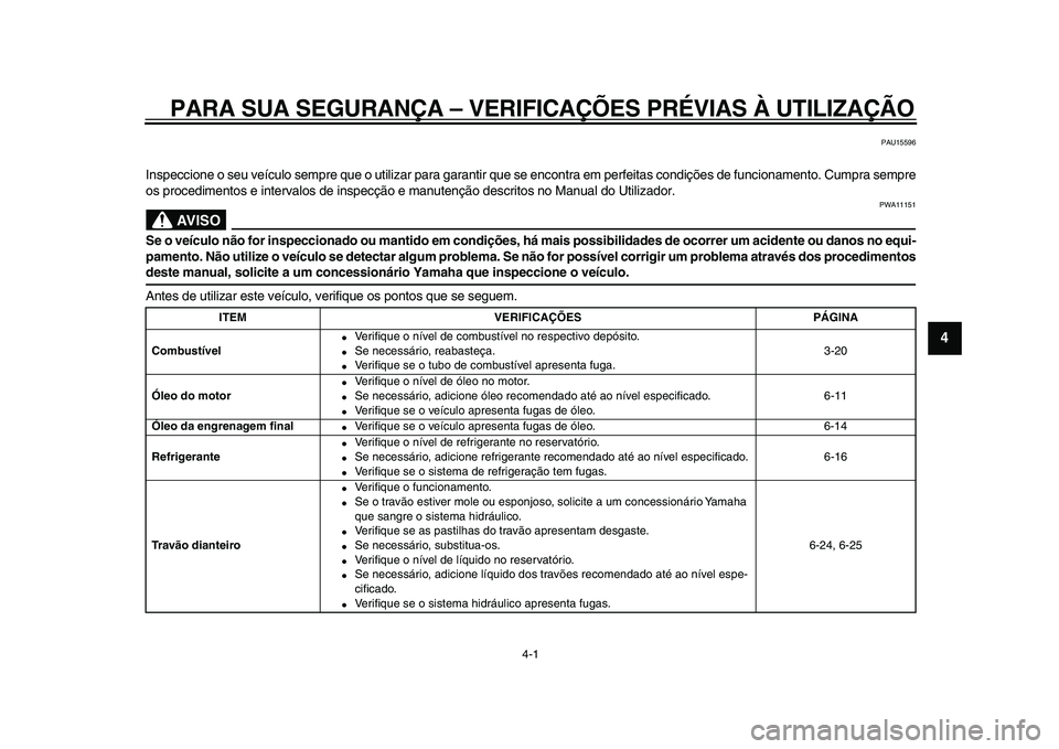 YAMAHA VMAX 2009  Manual de utilização (in Portuguese)  
4-1 
2
3
45
6
7
8
9
 
PARA SUA SEGURANÇA – VERIFICAÇÕES PRÉVIAS À UTILIZAÇÃO 
PAU15596 
Inspeccione o seu veículo sempre que o utilizar para garantir que se encontra em perfeitas condiçõ