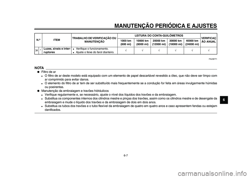 YAMAHA VMAX 2009  Manual de utilização (in Portuguese)  
MANUTENÇÃO PERIÓDICA E AJUSTES 
6-7 
2
3
4
5
67
8
9
 
PAU36771
NOTA
 
 
Filtro de ar 
 
O filtro de ar deste modelo está equipado com um elemento de papel descartável revestido a óleo, que n