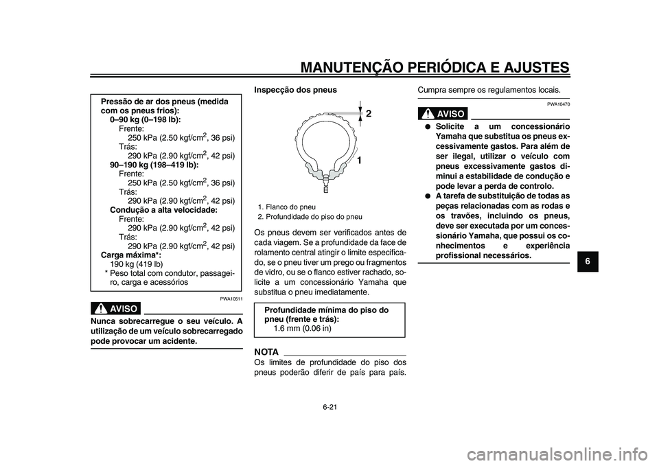 YAMAHA VMAX 2009  Manual de utilização (in Portuguese)  
MANUTENÇÃO PERIÓDICA E AJUSTES 
6-21 
2
3
4
5
67
8
9
AVISO
 
PWA10511 
Nunca sobrecarregue o seu veículo. A
utilização de um veículo sobrecarregado 
pode provocar um acidente.Inspecção dos 