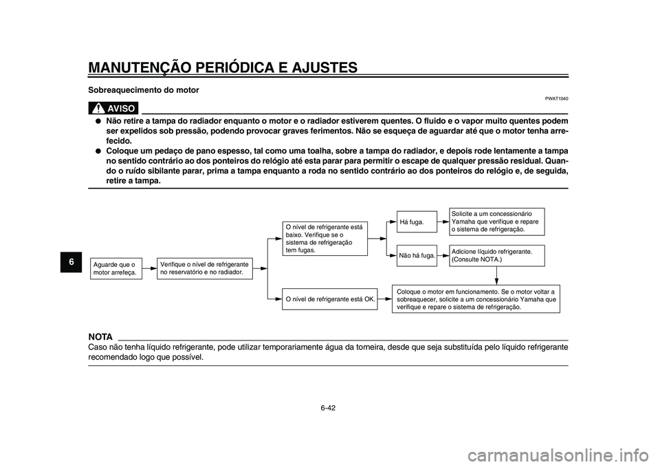 YAMAHA VMAX 2009  Manual de utilização (in Portuguese)  
MANUTENÇÃO PERIÓDICA E AJUSTES 
6-42 
1
2
3
4
5
6
7
8
9
 
Sobreaquecimento do motor
AVISO
 
PWAT1040 
 
Não retire a tampa do radiador enquanto o motor e o radiador estiverem quentes. O fluido 