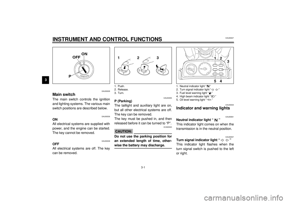 YAMAHA VMAX 2001  Owners Manual 3-1
3
EAU00027
3-INSTRUMENT AND CONTROL FUNCTIONS 
EAU00028
Main switch The main switch controls the ignition
and lighting systems. The various main
switch positions are described below.
EAU00036
ON
A