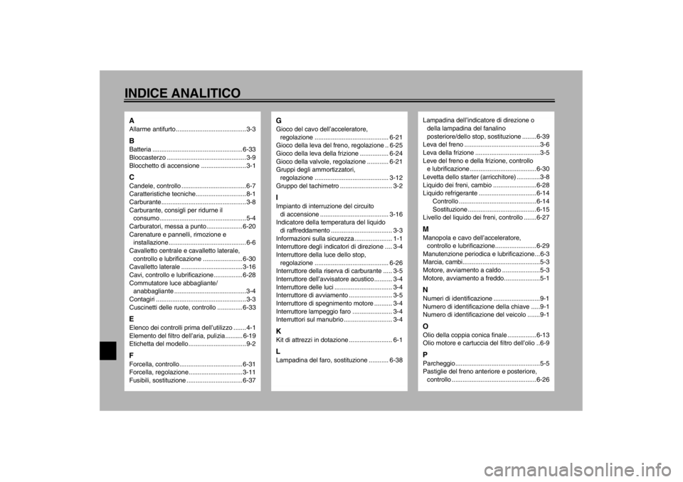 YAMAHA VMAX 2001  Manuale duso (in Italian) 10-INDICE ANALITICOAAllarme antifurto .......................................3-3BBatteria .................................................. 6-33
Bloccasterzo .........................................