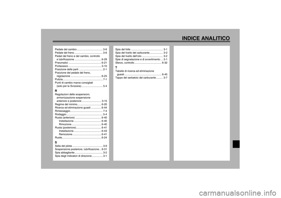 YAMAHA VMAX 2001  Manuale duso (in Italian) INDICE ANALITICO
Pedale del cambio ................................... 3-6
Pedale del freno ...................................... 3-6
Pedali del freno e del cambio, controllo 
e lubrificazione ......