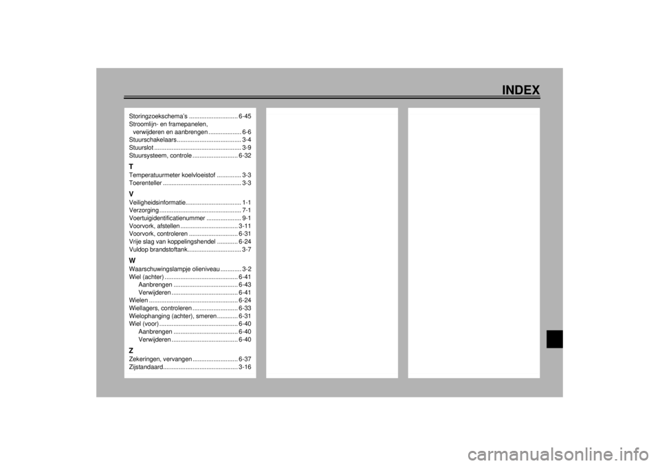 YAMAHA VMAX 2001 Instructieboekje (in Dutch) INDEX
Storingzoekschema’s ............................ 6-45
Stroomlijn- en framepanelen,
verwijderen en aanbrengen ................... 6-6
Stuurschakelaars..................................... 3-4
YAMAHA VMAX 2001 Instructieboekje (in Dutch) INDEX
Storingzoekschema’s ............................ 6-45
Stroomlijn- en framepanelen,
verwijderen en aanbrengen ................... 6-6
Stuurschakelaars..................................... 3-4
