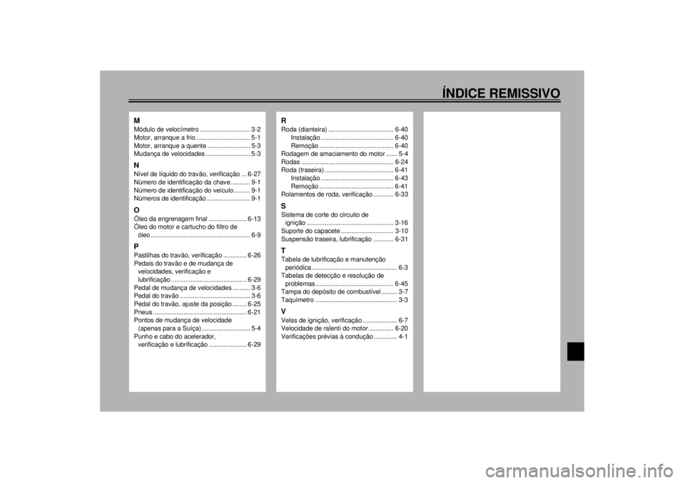 YAMAHA VMAX 2001  Manual de utilização (in Portuguese) ÍNDICE REMISSIVO
MMódulo de velocímetro ............................ 3-2
Motor, arranque a frio .............................. 5-1
Motor, arranque a quente ........................ 5-3
Mudança de 