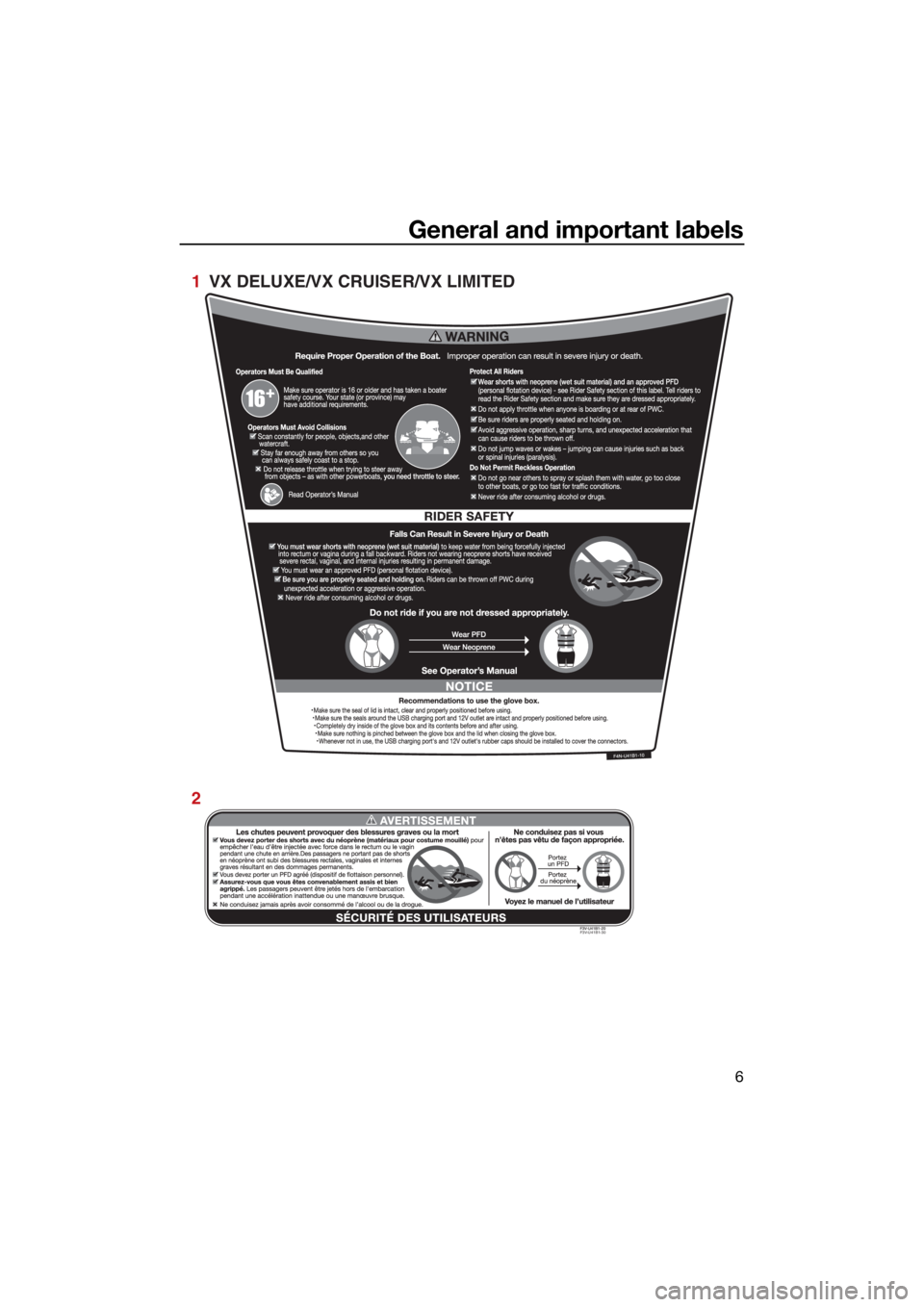 YAMAHA VX 2022 User Guide General and important labels
6
F3V-U41B1-30
1  VX DELUXE/VX CRUISER/VX LIMITED
2
UF4N71E0.book  Page 6  Thursday, August 5, 2021  11:58 AM 