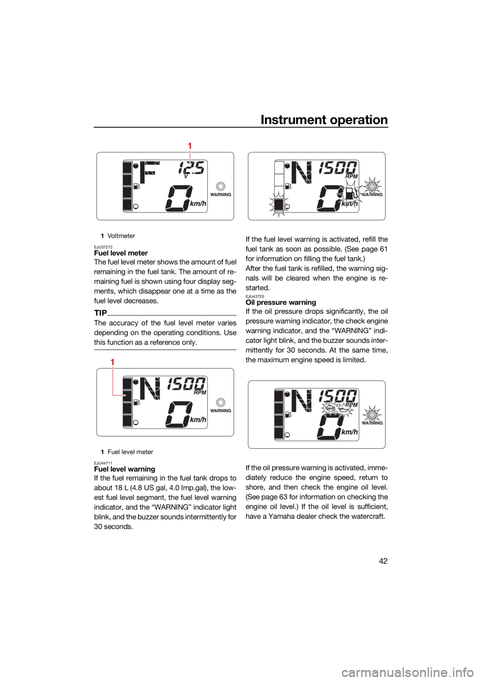 YAMAHA VX 2022  Owners Manual Instrument operation
42
EJU37272Fuel level meter
The fuel level meter shows the amount of fuel
remaining in the fuel tank. The amount of re-
maining fuel is shown using four display seg-
ments, which 