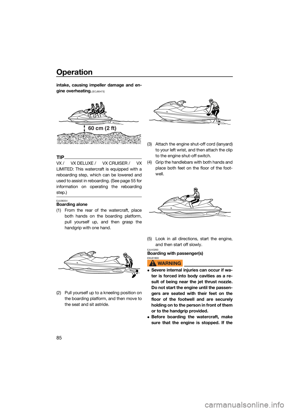 YAMAHA VX CRUISER 2022  Owners Manual Operation
85
intake, causing impeller damage and en-
gine overheating.
 [ECJ00473]
TIP
VX / VX DELUXE / VX CRUISER / VX
LIMITED: This watercraft is equipped with a reboarding step, which can be lowere