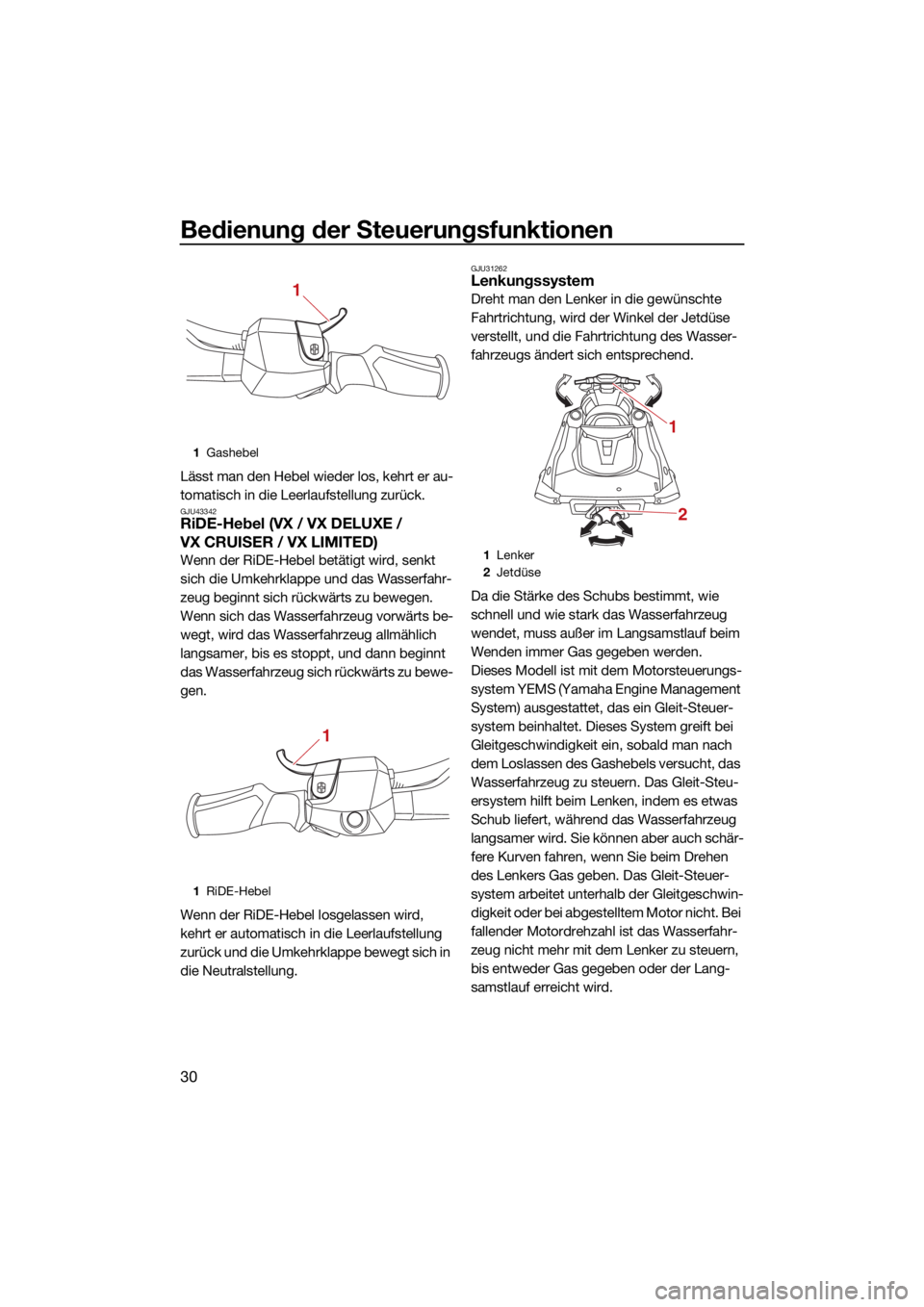 YAMAHA VX 2022  Betriebsanleitungen (in German) Bedienung der Steuerungsfunktionen
30
Lässt man den Hebel wieder los, kehrt er au-
tomatisch in die Leerlaufstellung zurück.
GJU43342RiDE-Hebel (VX / VX DELUXE / 
VX CRUISER / VX LIMITED)
Wenn der R
