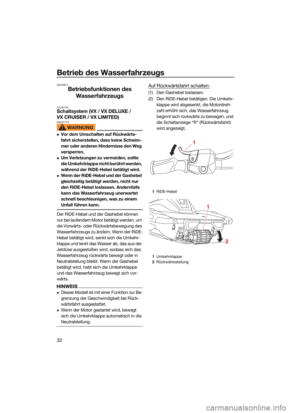 YAMAHA VX 2022  Betriebsanleitungen (in German) Betrieb des Wasserfahrzeugs
32
GJU40014
Betriebsfunktionen des Wasserfahrzeugs
GJU43155Schaltsystem (VX / VX DELUXE / 
VX CRUISER / VX LIMITED)
GWJ01773
Vor dem Umschalten auf Rückwärts-
fahrt si
