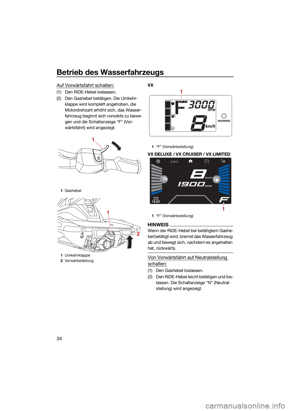 YAMAHA VX DELUXE 2022  Betriebsanleitungen (in German) Betrieb des Wasserfahrzeugs
34
Auf Vorwärtsfahrt schalten:
(1) Den RiDE-Hebel loslassen.
(2) Den Gashebel betätigen. Die Umkehr-klappe wird komplett angehoben, die 
Motordrehzahl erhöht sich, das W