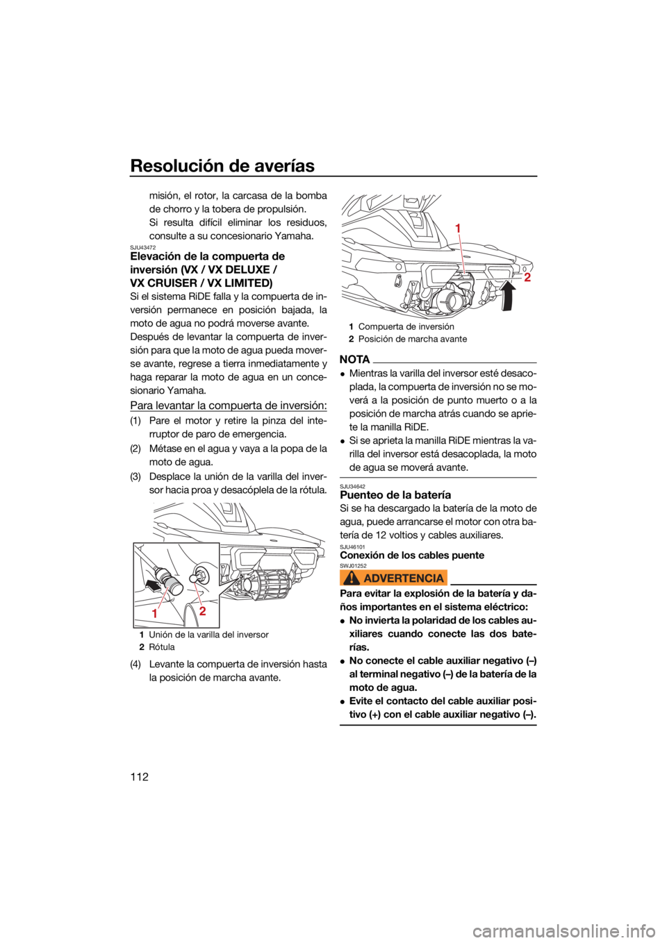 YAMAHA VX 2022  Manuale de Empleo (in Spanish) Resolución de averías
112
misión, el rotor, la carcasa de la bomba
de chorro y la tobera de propulsión.
Si resulta difícil eliminar los residuos,
consulte a su concesionario Yamaha.
SJU43472Eleva