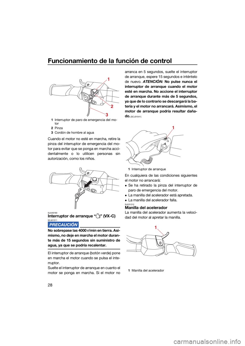 YAMAHA VX LIMITED 2022  Manuale de Empleo (in Spanish) Funcionamiento de la función de control
28
Cuando el motor no esté en marcha, retire la
pinza del interruptor de emergencia del mo-
tor para evitar que se ponga en marcha acci-
dentalmente o lo util