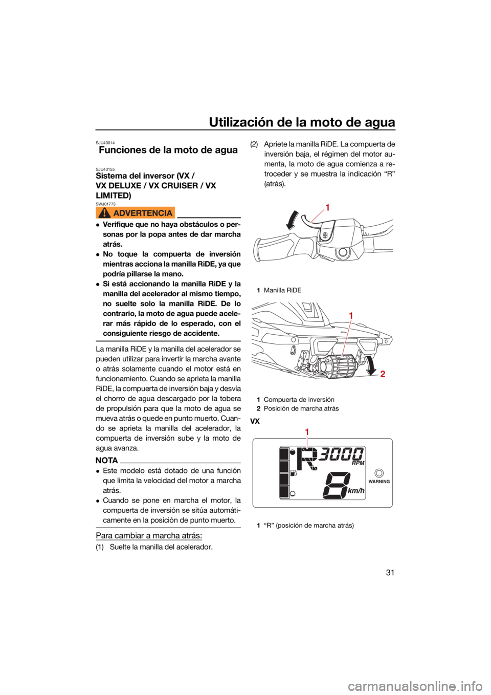 YAMAHA VX 2022  Manuale de Empleo (in Spanish) Utilización de la moto de agua
31
SJU40014
Funciones de la moto de agua
SJU43155Sistema del inversor (VX / 
VX DELUXE / VX CRUISER / VX 
LIMITED)
SWJ01773
Verifique que no haya obstáculos o per-
