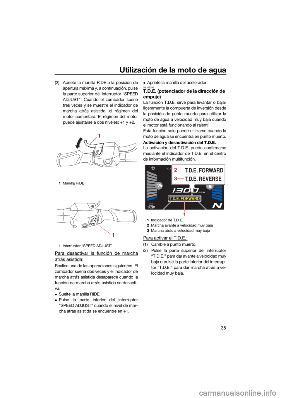 YAMAHA VX 2022  Manuale de Empleo (in Spanish) Utilización de la moto de agua
35
(2) Apriete la manilla RiDE a la posición deapertura máxima y, a continuación, pulse
la parte superior del interruptor “SPEED
ADJUST”. Cuando el zumbador suen