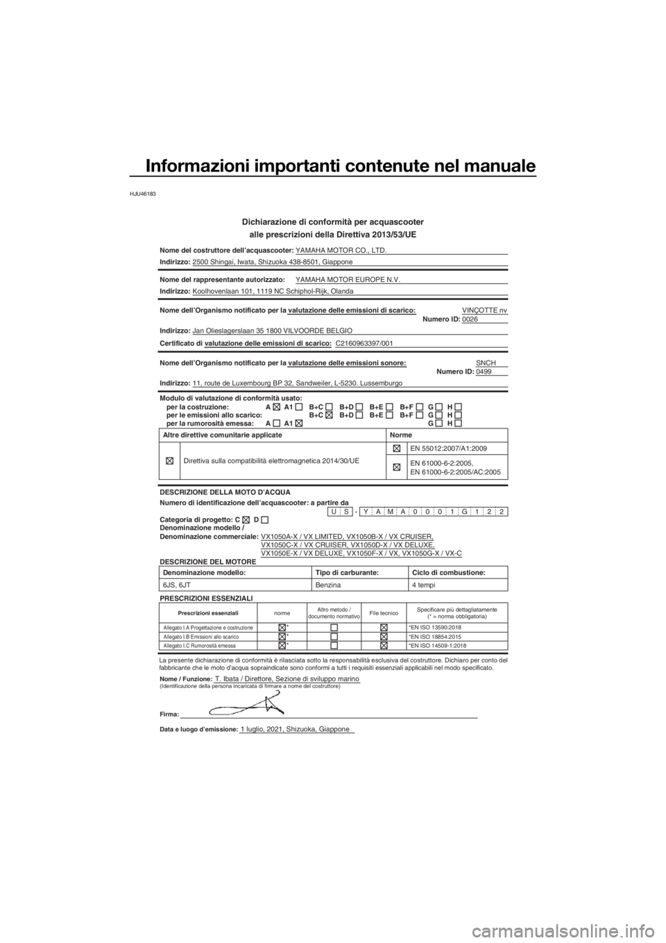 YAMAHA VX CRUISER 2022  Manuale duso (in Italian) Informazioni importanti contenute nel manuale
HJU46183
Dichiarazione di conformità per acquascooteralle prescrizioni della Direttiva 2013/53/UE
Nome del costruttore dell’acquascooter: YAMAHA MOTOR 