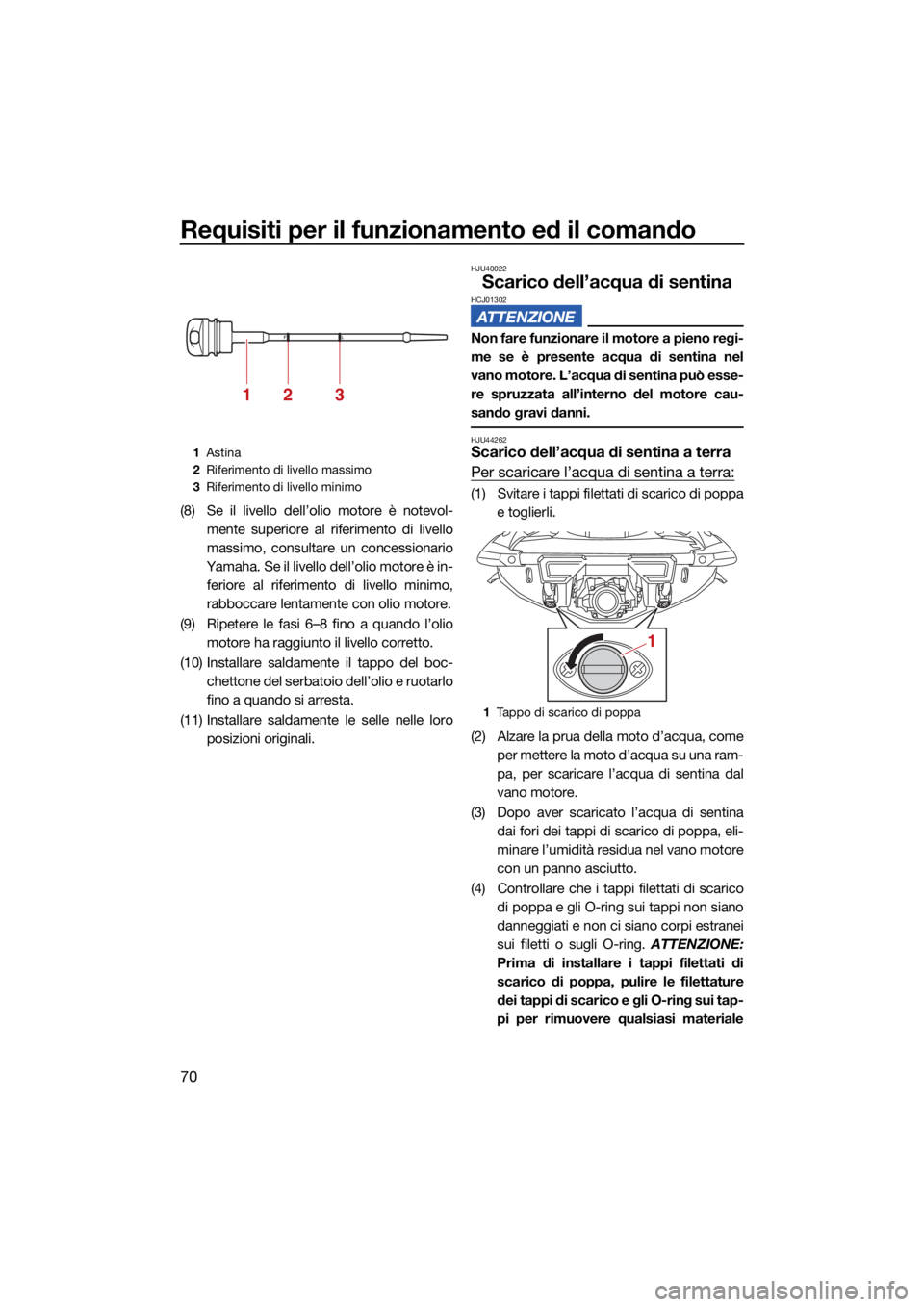 YAMAHA VX 2022  Manuale duso (in Italian) Requisiti per il funzionamento ed il comando
70
(8) Se il livello dell’olio motore è notevol-mente superiore al riferimento di livello
massimo, consultare un concessionario
Yamaha. Se il livello de