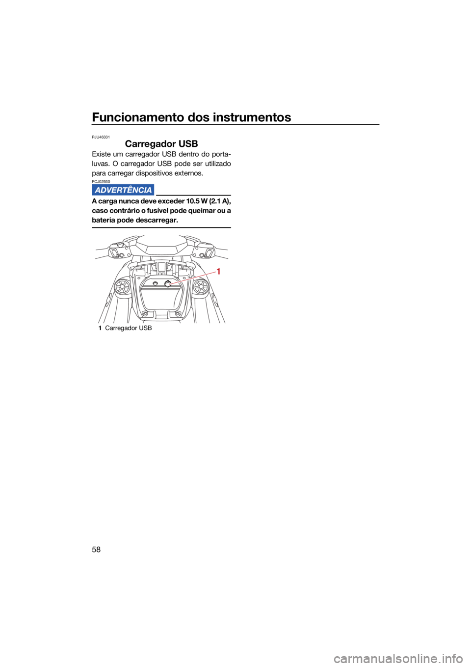 YAMAHA VX LIMITED 2022  Manual de utilização (in Portuguese) Funcionamento dos instrumentos
58
PJU46331
Carregador USB
Existe um carregador USB dentro do porta-
luvas. O carregador USB pode ser utilizado
para carregar dispositivos externos.
PCJ02930
A carga nun
