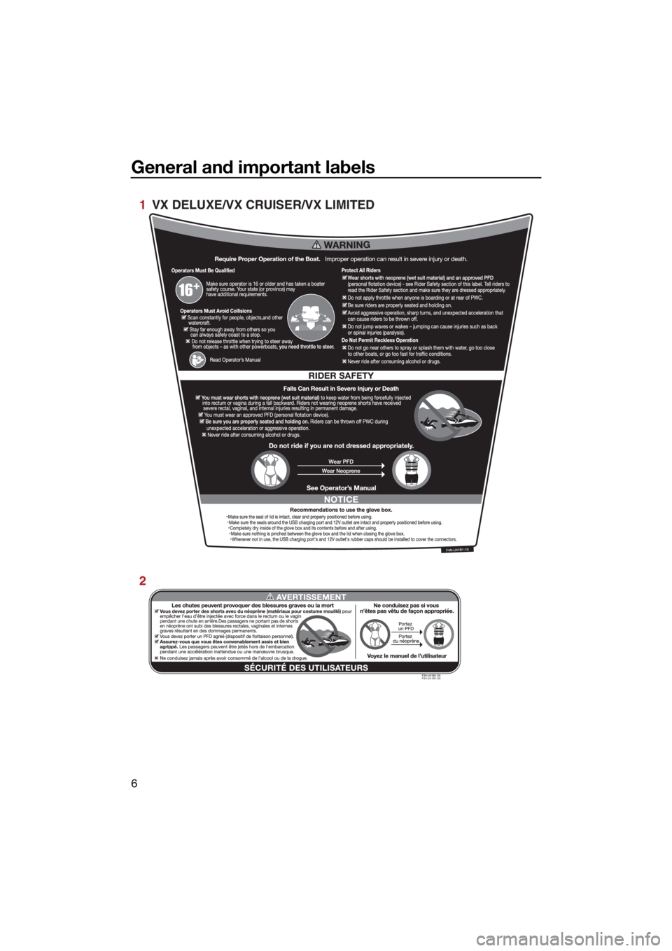 YAMAHA VX 2021 User Guide General and important labels
6
F3V-U41B1-30
1  VX DELUXE/VX CRUISER/VX LIMITED
2
UF4N70E0.book  Page 6  Tuesday, October 6, 2020  5:13 PM 