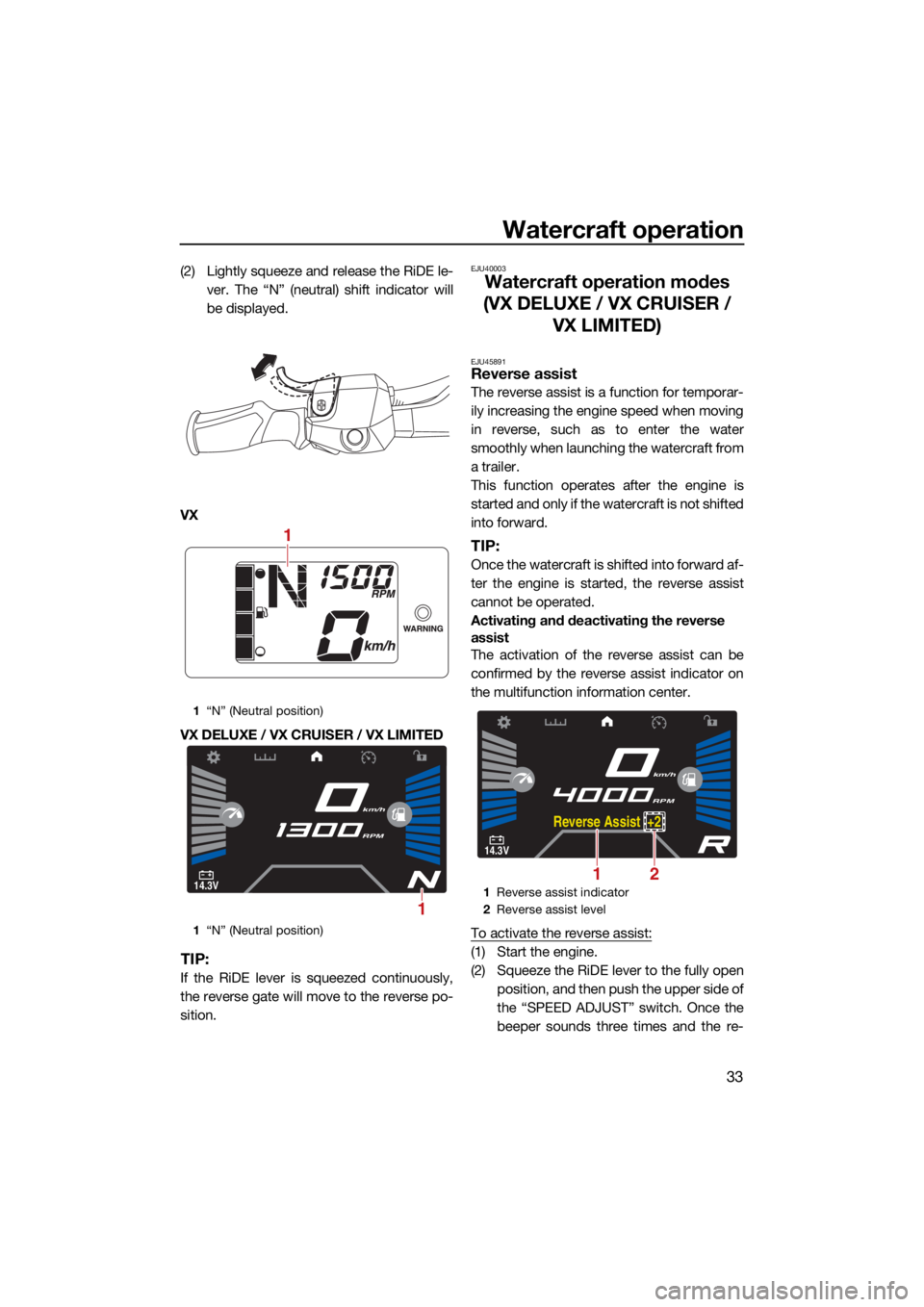 YAMAHA VX 2021 Service Manual Watercraft operation
33
(2) Lightly squeeze and release the RiDE le-ver. The “N” (neutral) shift indicator will
be displayed.
VX
VX DELUXE / VX CRUISER / VX LIMITED
TIP:
If the RiDE lever is squee