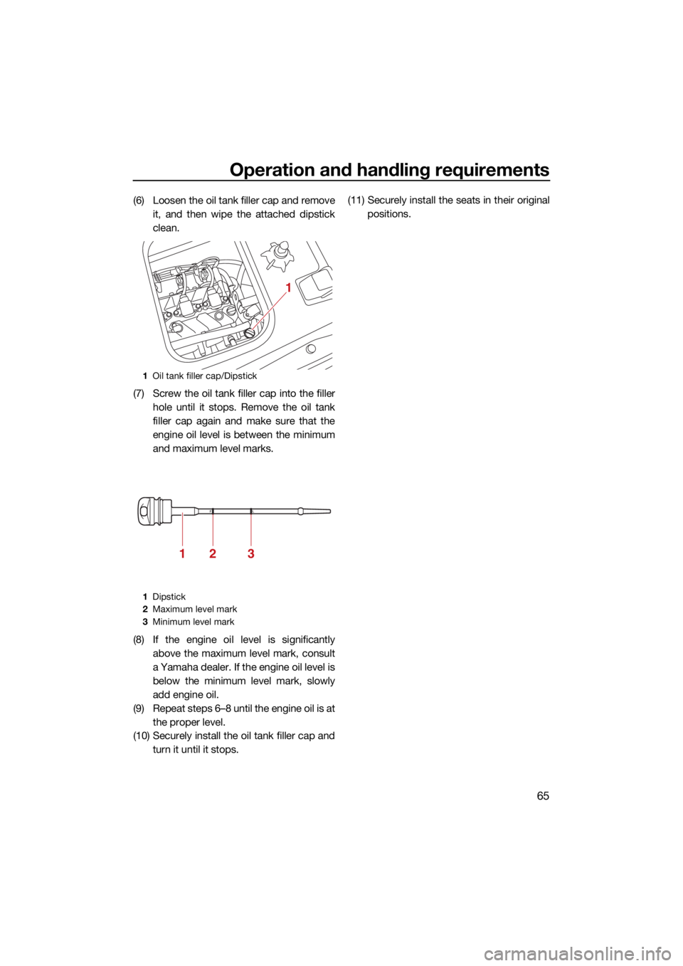 YAMAHA VX LIMITED 2021  Owners Manual Operation and handling requirements
65
(6) Loosen the oil tank filler cap and removeit, and then wipe the attached dipstick
clean.
(7) Screw the oil tank filler cap into the filler hole until it stops