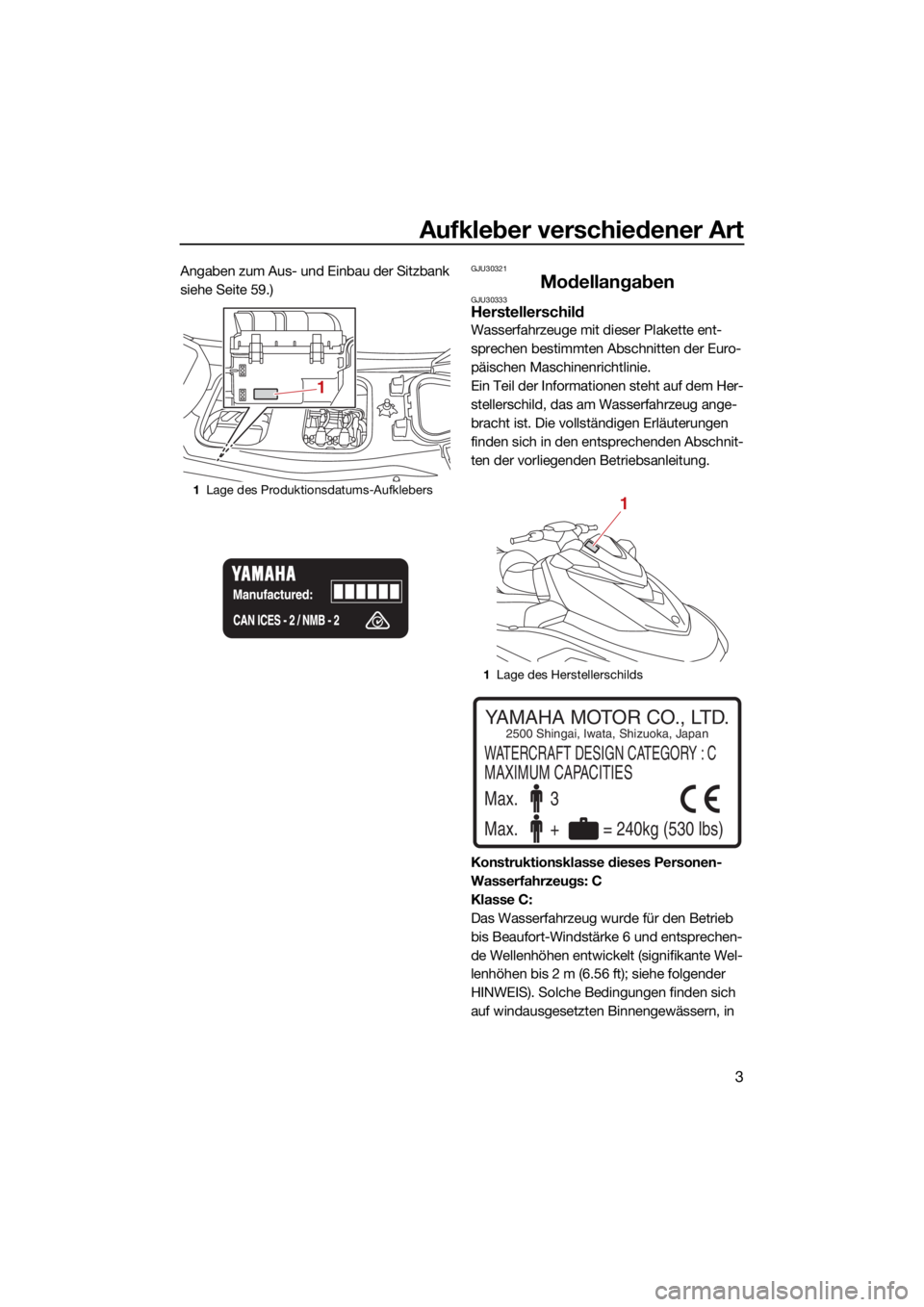 YAMAHA VX LIMITED 2021  Betriebsanleitungen (in German) Aufkleber verschiedener Art
3
Angaben zum Aus- und Einbau der Sitzbank 
siehe Seite 59.)GJU30321
ModellangabenGJU30333Herstellerschild
Wasserfahrzeuge mit dieser Plakette ent-
sprechen bestimmten Absc