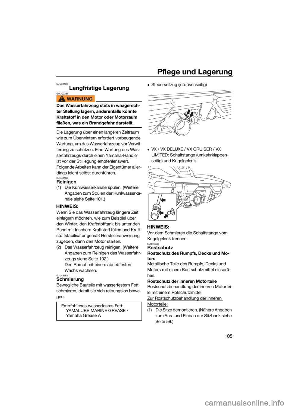 YAMAHA VX 2021  Betriebsanleitungen (in German) Pflege und Lagerung
105
GJU33493
Langfristige LagerungGWJ00331
Das Wasserfahrzeug stets in waagerech-
ter Stellung lagern, anderenfalls könnte 
Kraftstoff in den Motor oder Motorraum 
fließen, was e