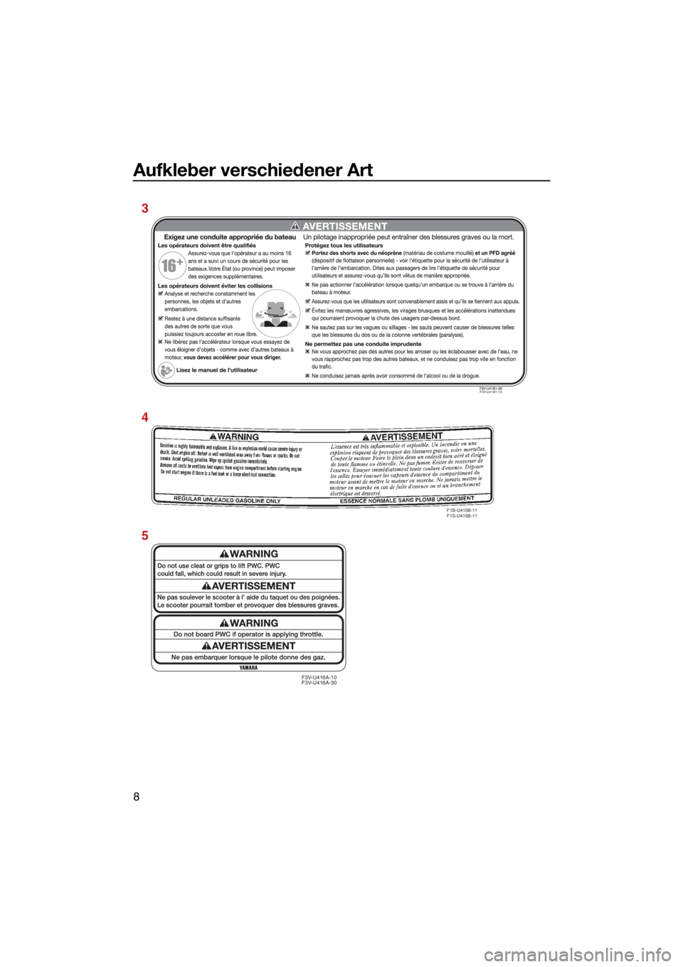 YAMAHA VX 2021  Betriebsanleitungen (in German) Aufkleber verschiedener Art
8
F3V-U41B1-10
F1B-U415B-11
F1S-U415B-11
F3V-U416A-10
F3V-U416A-30
3
4
5
UF4N70G0.book  Page 8  Wednesday, October 7, 2020  1:29 PM 