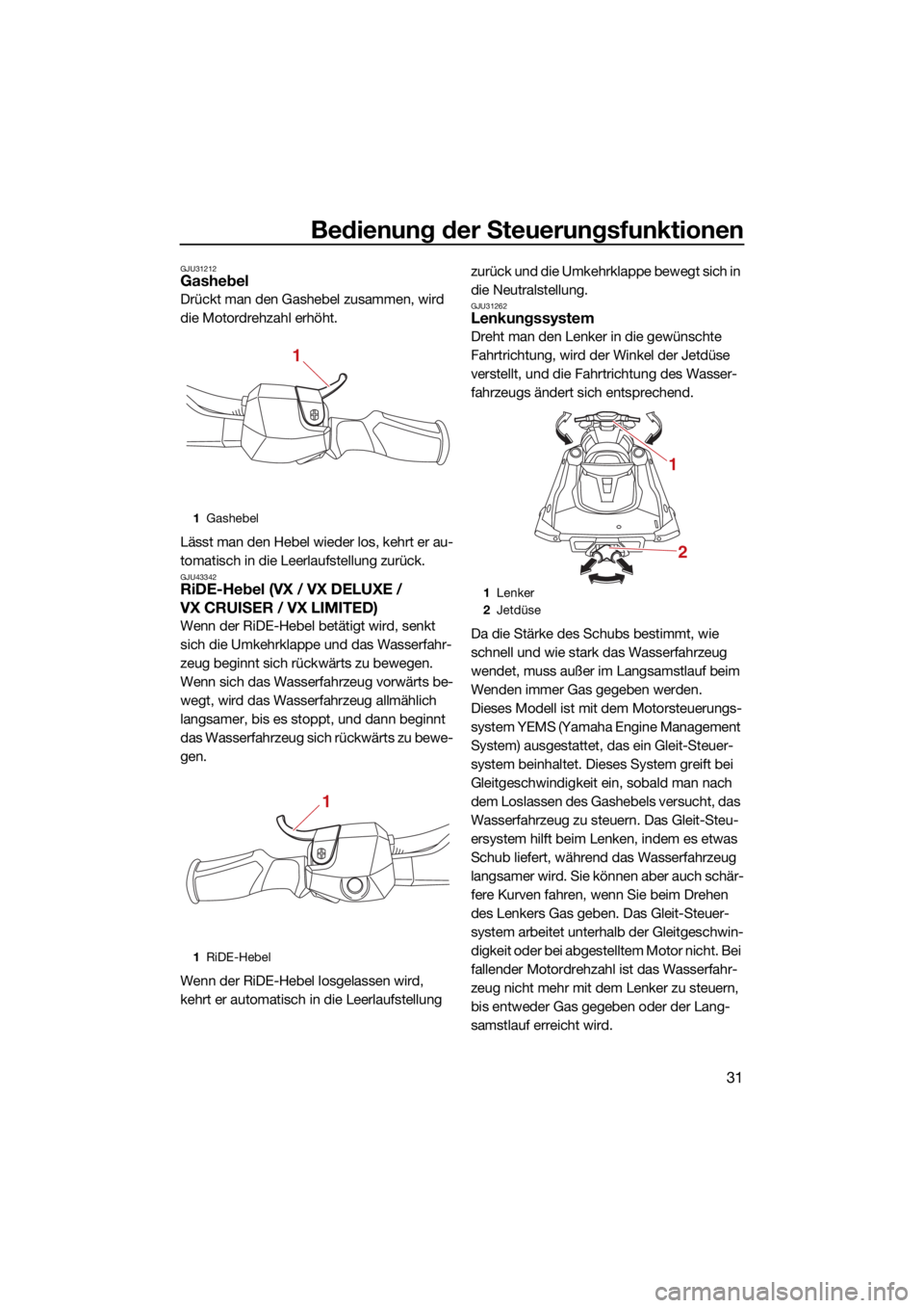 YAMAHA VX 2021  Betriebsanleitungen (in German) Bedienung der Steuerungsfunktionen
31
GJU31212Gashebel
Drückt man den Gashebel zusammen, wird 
die Motordrehzahl erhöht.
Lässt man den Hebel wieder los, kehrt er au-
tomatisch in die Leerlaufstellu