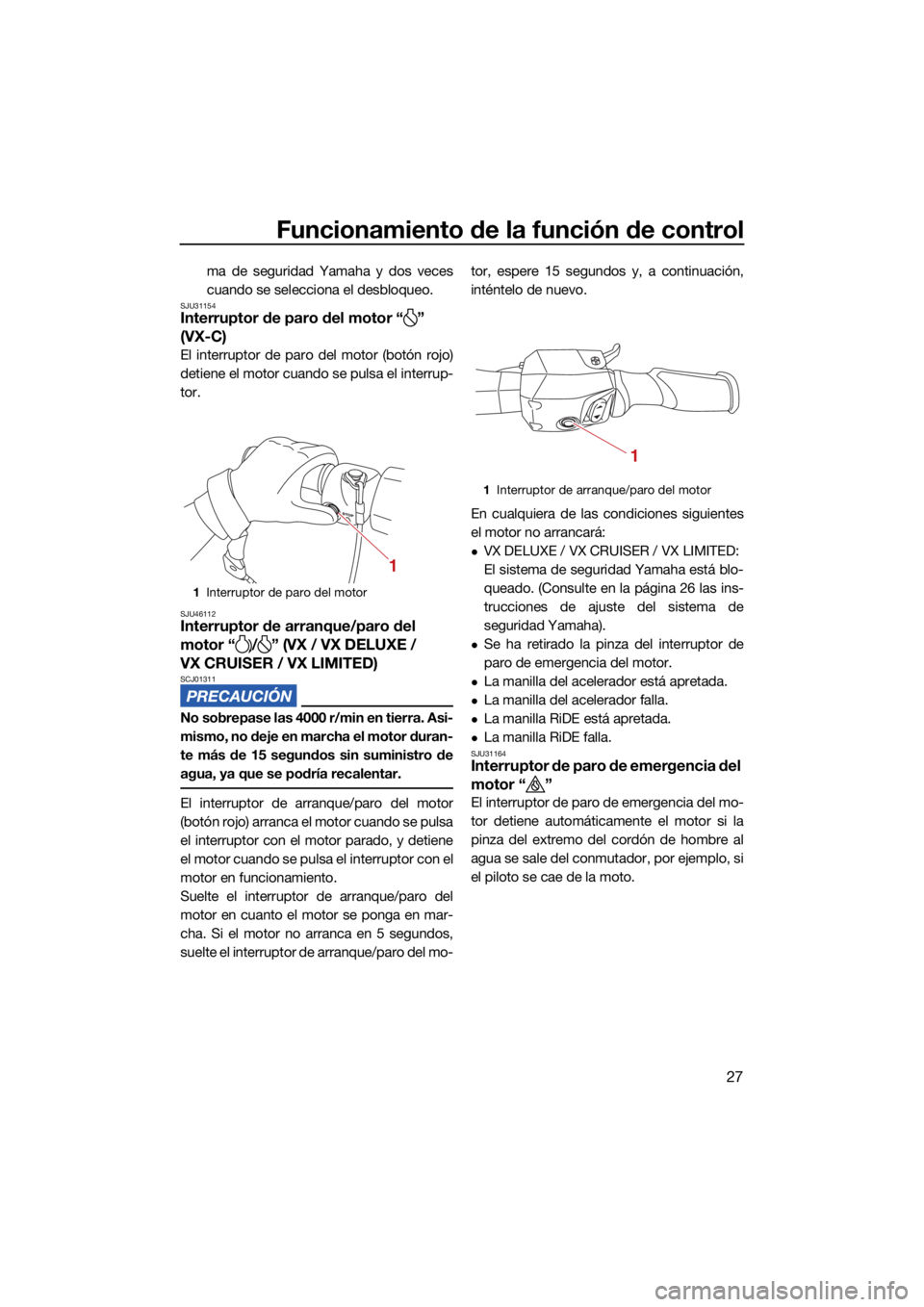 YAMAHA VX 2021  Manuale de Empleo (in Spanish) Funcionamiento de la función de control
27
ma de seguridad Yamaha y dos veces
cuando se selecciona el desbloqueo.
SJU31154Interruptor de paro del motor “ ” 
(VX-C)
El interruptor de paro del moto