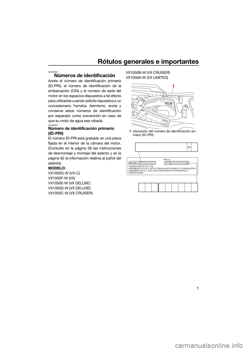 YAMAHA VX 2021 Manuale de Empleo (in Spanish) Rótulos generales e importantes
1
SJU36452
Números de identificación
Anote el número de identificación primario
(ID-PRI), el número de identificación de la
embarcación (CIN) y el número de se YAMAHA VX 2021 Manuale de Empleo (in Spanish) Rótulos generales e importantes
1
SJU36452
Números de identificación
Anote el número de identificación primario
(ID-PRI), el número de identificación de la
embarcación (CIN) y el número de se
