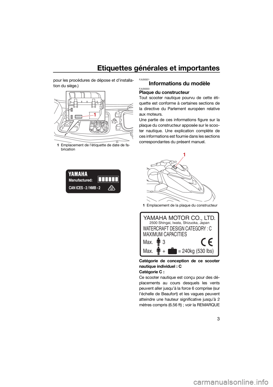 YAMAHA VX 2021  Notices Demploi (in French) Etiquettes générales et importantes
3
pour les procédures de dépose et d’installa-
tion du siège.)FJU30321
Informations du modèleFJU30333Plaque du constructeur
Tout scooter nautique pourvu de 