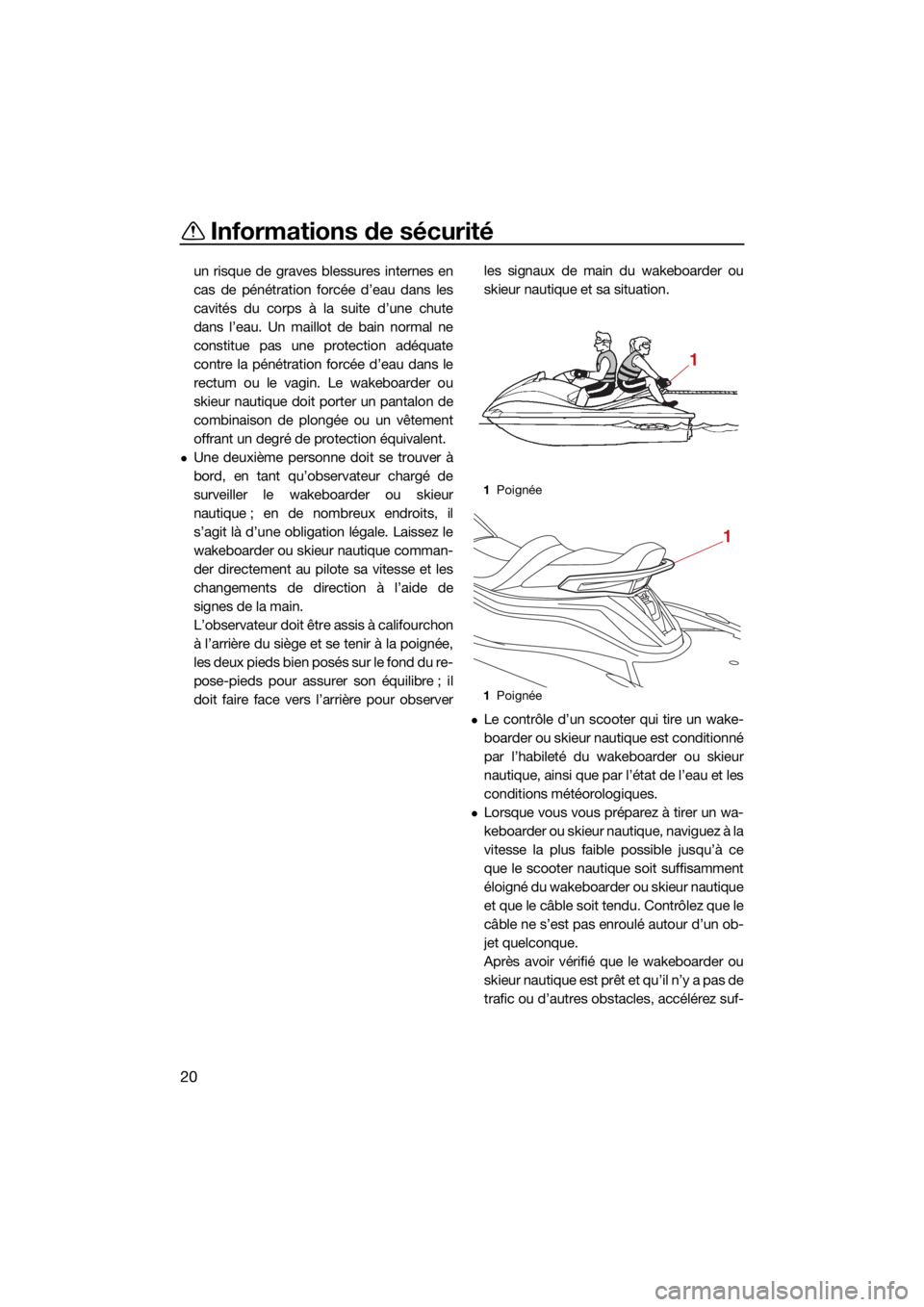 YAMAHA VX CRUISER 2021  Notices Demploi (in French) Informations de sécurité
20
un risque de graves blessures internes en
cas de pénétration forcée d’eau dans les
cavités du corps à la suite d’une chute
dans l’eau. Un maillot de bain norma