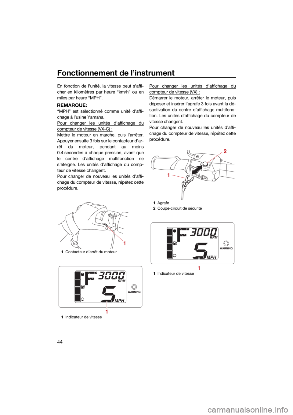 YAMAHA VX 2021  Notices Demploi (in French) Fonctionnement de l’instrument
44
En fonction de l’unité, la vitesse peut s’affi-
cher en kilomètres par heure “km/h” ou en
miles par heure “MPH”.
REMARQUE:
“MPH” est sélectionné