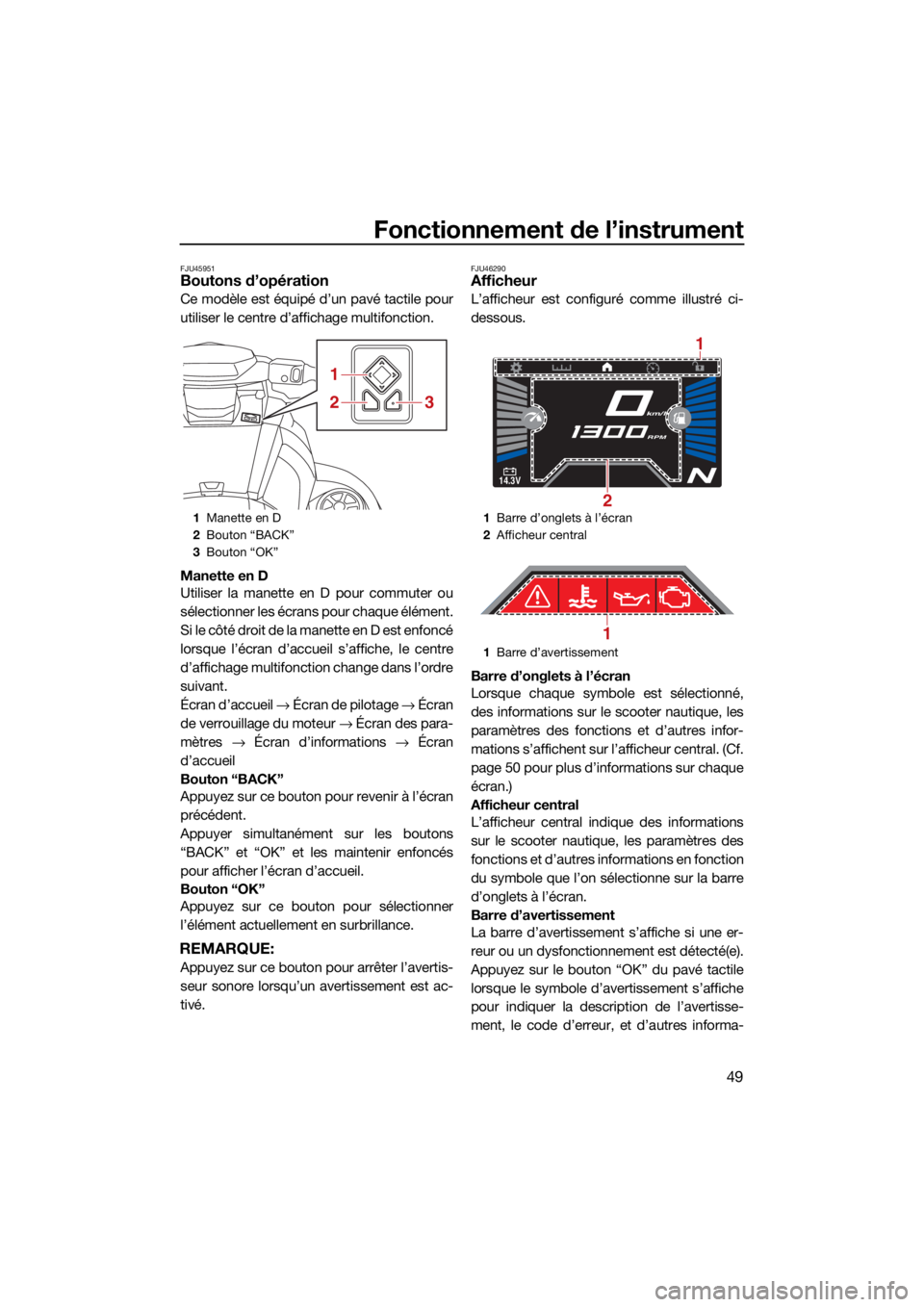 YAMAHA VX 2021  Notices Demploi (in French) Fonctionnement de l’instrument
49
FJU45951Boutons d’opération
Ce modèle est équipé d’un pavé tactile pour
utiliser le centre d’affichage multifonction.
Manette en D
Utiliser la manette en