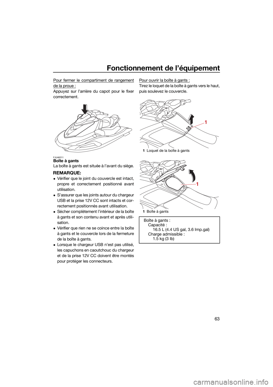 YAMAHA VX 2021  Notices Demploi (in French) Fonctionnement de l’équipement
63
Pour fermer le compartiment de rangement
de la proue :
Appuyez sur l’arrière du capot pour le fixer
correctement.
FJU46211Boîte à gants
La boîte à gants est